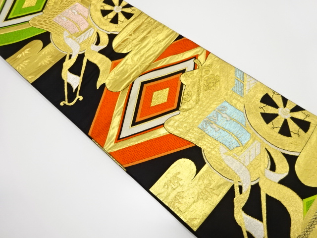 JAPANESE KIMONO / ANTIQUE FUKURO OBI / SILK / WOVEN CARRIAGE & RHOMBUS